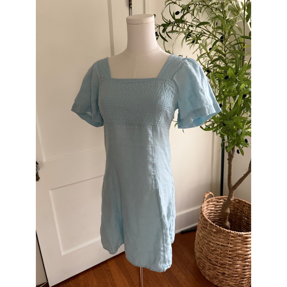 Madewell Light Blue 100% Linen Smocked Mini Dress Cut-Out Backā Size 00